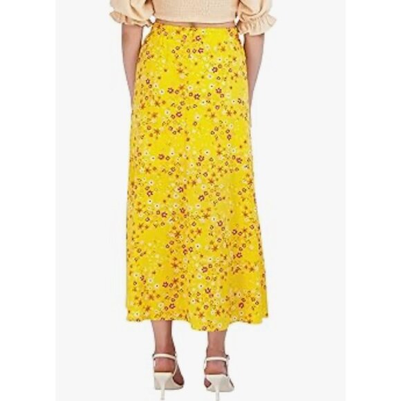 BCBGeneration Midi Skirt Womens Size M Yellow Summer Daisy Floral Slit Side NWT - Picture 2 of 11